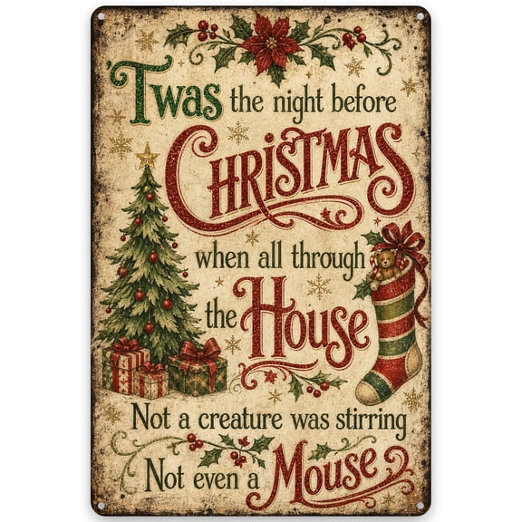 Metal Christmas Wall Decor Sign - "Twas the Night Before Christmas" Vintage Style Iron Sign with Holiday Theme - 8x12 Inch Indoor/Outdoor Weather Resistant Home Decor with Pre-Drilled Holes