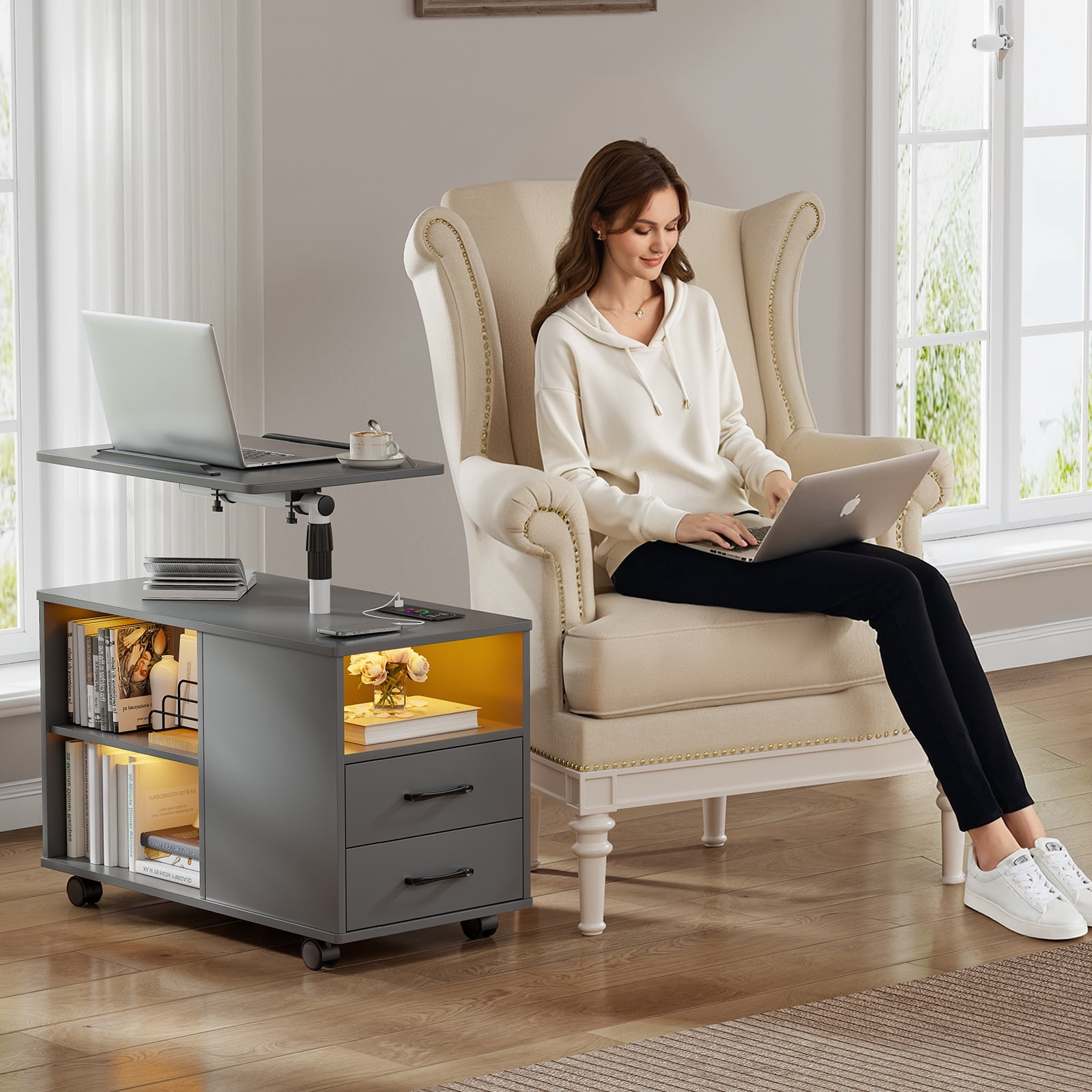 Gurexl Height Adjustable Nightstand with Laptop Tray, LED Bedside Tables with Charging Station, Modern Night Stand Side Table with Human Body Induction (Grey)