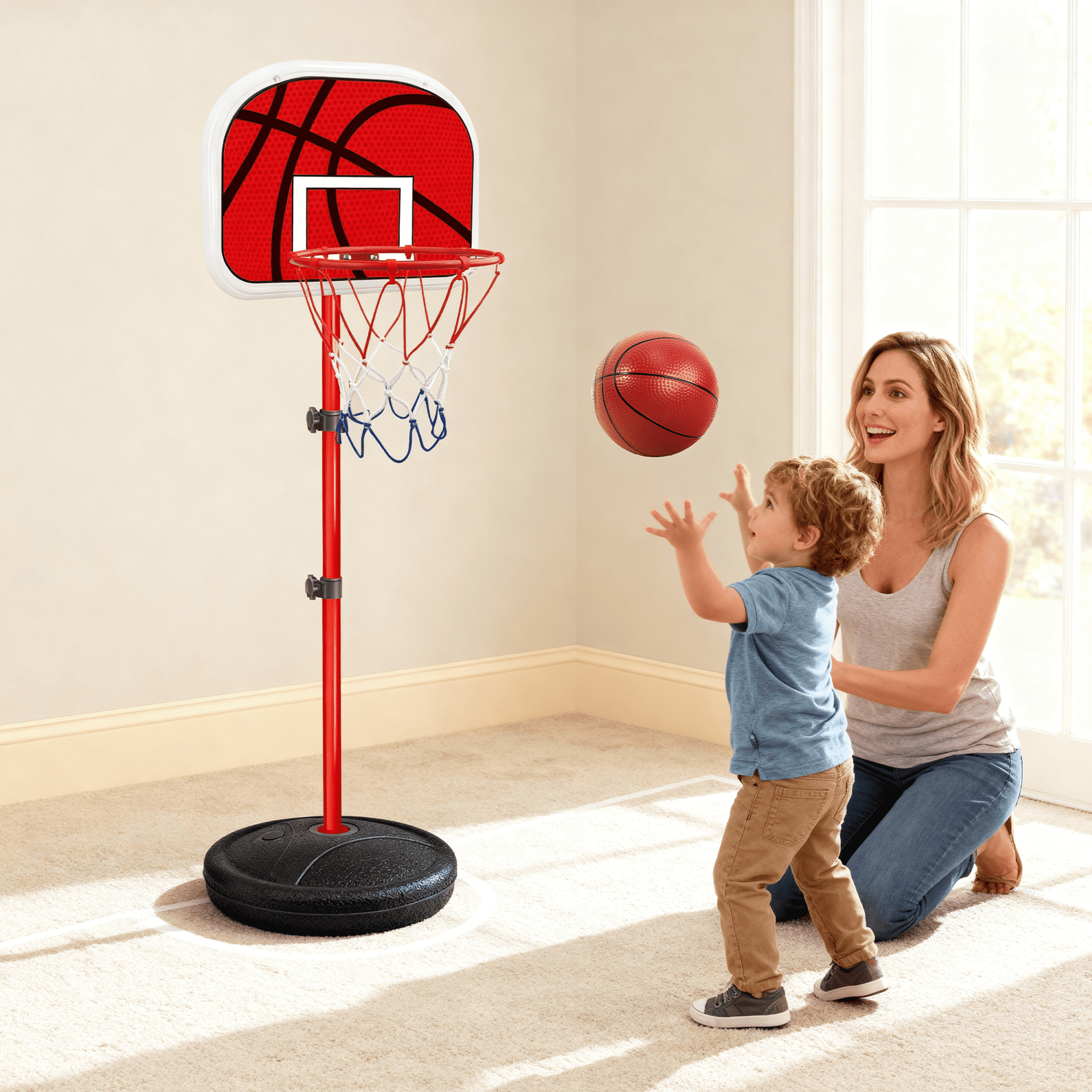 SaveJoy Kids Basketball Hoop with Stand, Adjustable Height Hoop for Age 2-5-8, Height 3.45-5.87 ft, Kids Outdoor Toys