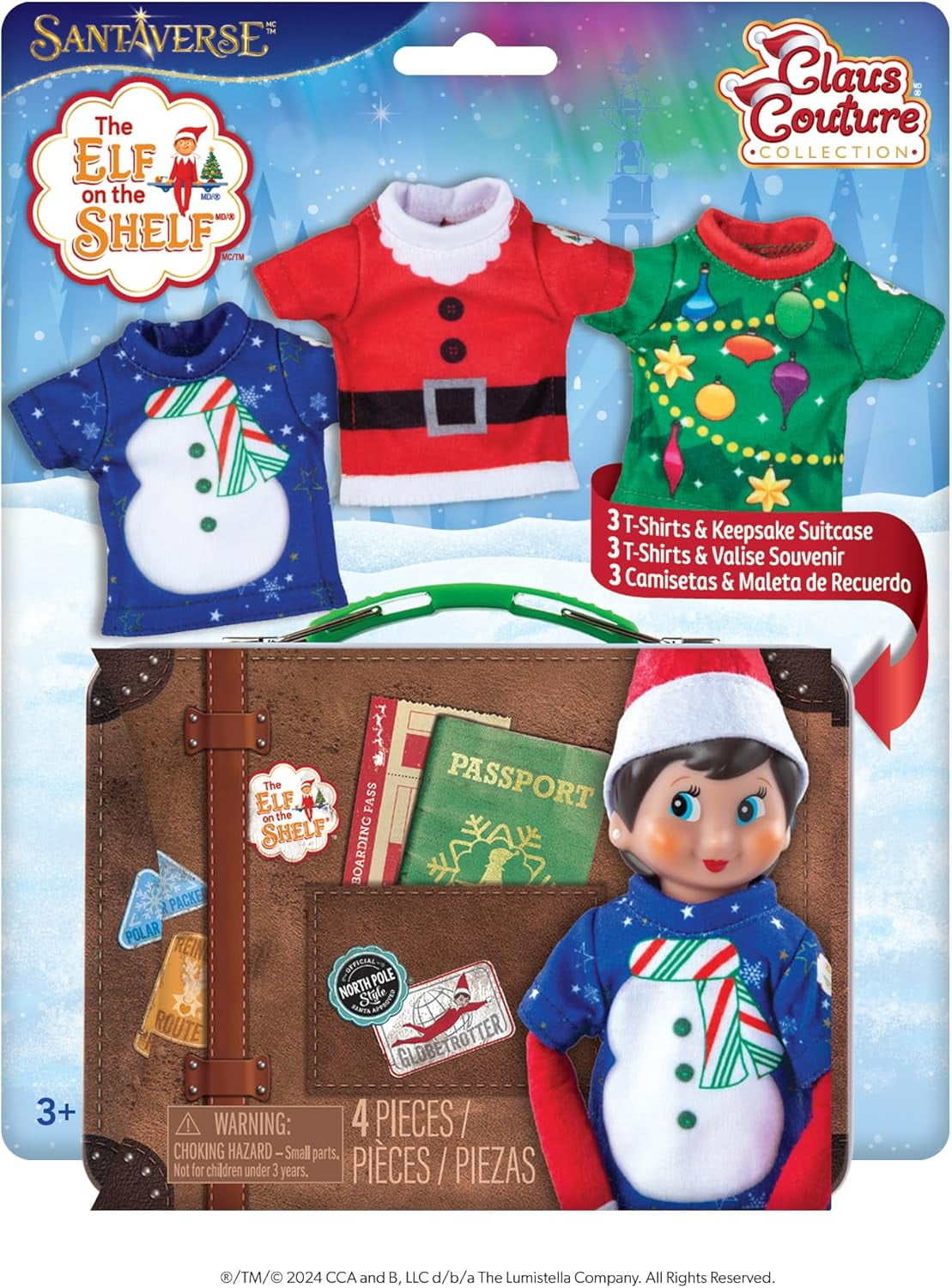 The Elf on the Shelf Claus Couture Christmas Party T-Shirts for Your Scout Elf - Includes Three Christmas Themed tees with Collectible tin Suitcase