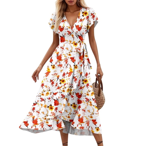 Women's Floral V-neck Short-sleeved Dress, Retro Elegant A-line Vacation Beach Dress