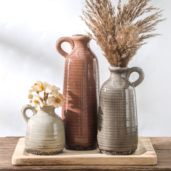Set de 3 jarrones de cerámica OOIT Neutral Rustic Farmhouse Brown