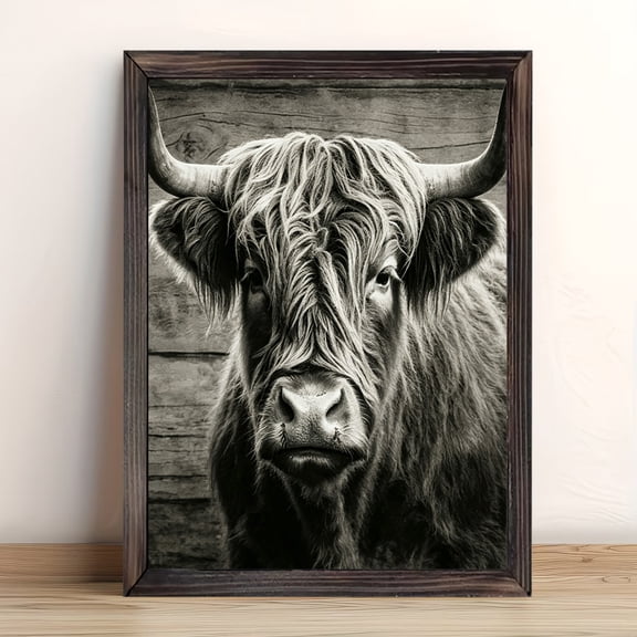 12x16in Framed Black and White Highland Cow Wood Print, Rustic Farm Animal Wall Art for Farmhouse Living Room Bedroom Home Decor