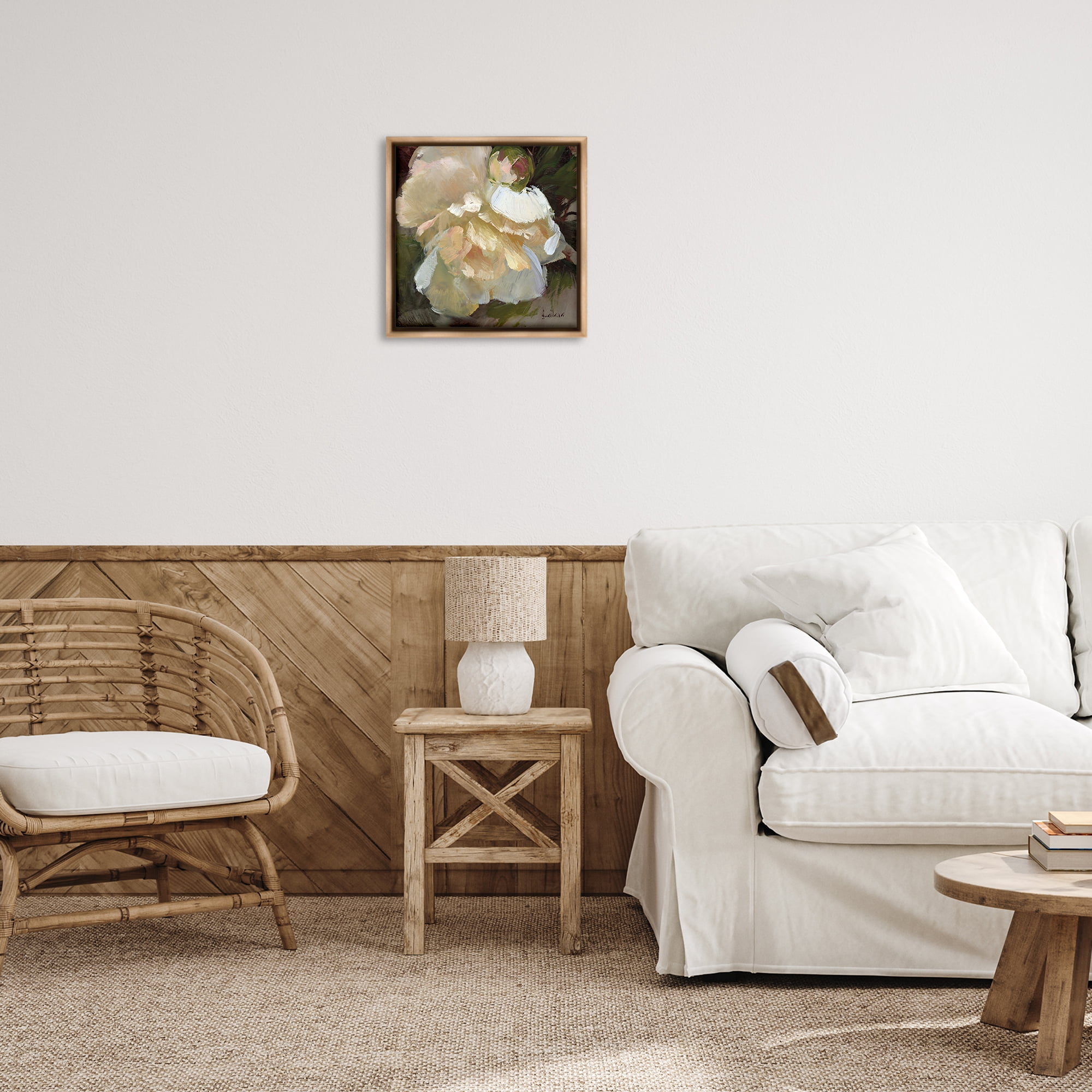 Stupell Industries Ruffled White Flower Plants & Flowers Painting Brown Floater Framed Canvas Art Print Wall Art, 18 x 18