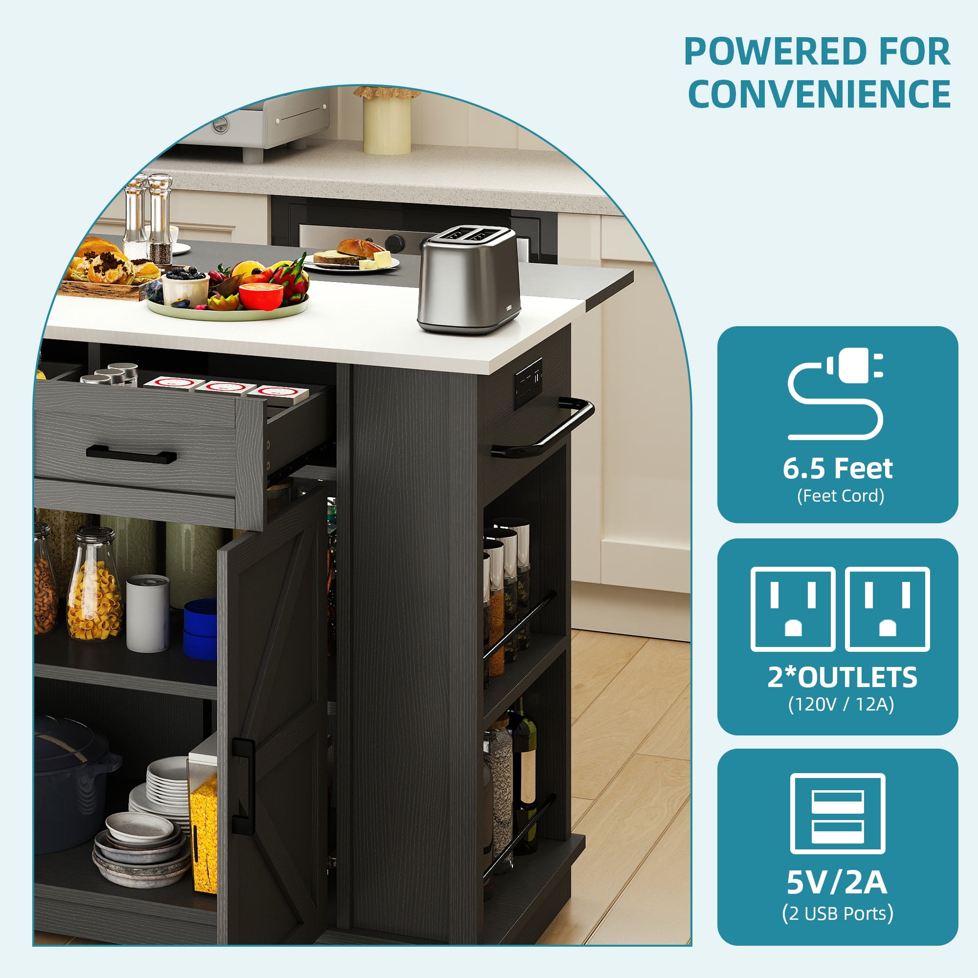 Uforic 47 Inch Mobile Kitchen Island Cart with Stainless Steel Top, Built-in Power Outlet, Adjustable Shelves, Spice Rack & Towel Rack, Rolling Storage Cabinet for Kitchen, Black