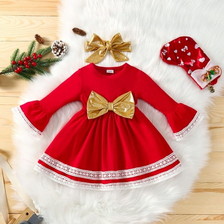 

Huilaibazo Girls Dress Toddler Baby Girls Two-piece Suit Flare Sleeve Christmas Xmas Party Lace Bowknot Design Princess Dress Set