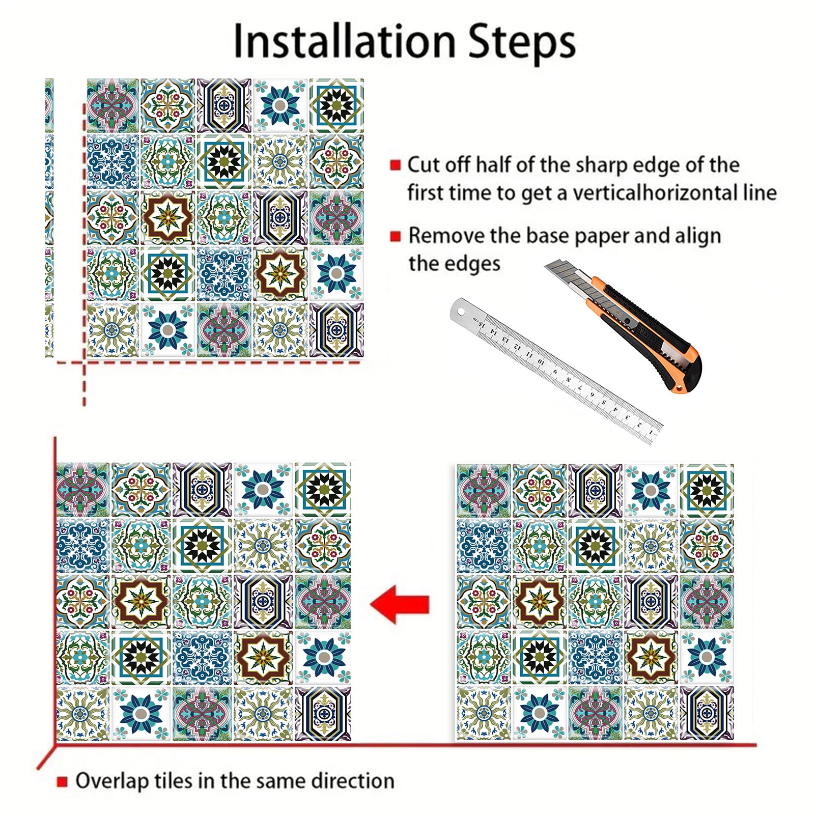 DEWOO 10PCS Mandala Tile Stickers, Peel and Stick Self Adhesive Removable Moroccan Tiles Backsplash Waterproof Oil Proof for Bathroom & Kitchen Wall Stickers Home Decor