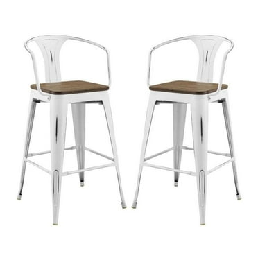 Hawthorne Collections 30" Metal Wooden Seat Bar Stool in White (Set of 2)