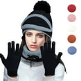thumbnail image 2 of Sunjoy Tech 3 in 1 Winter Knitted Beanie Hat Face Neck Warmer Set for Women Girls Fleece Lining Ski Caps Warm Face Cover Neck Scarf Gloves with Pompom, 2 of 2