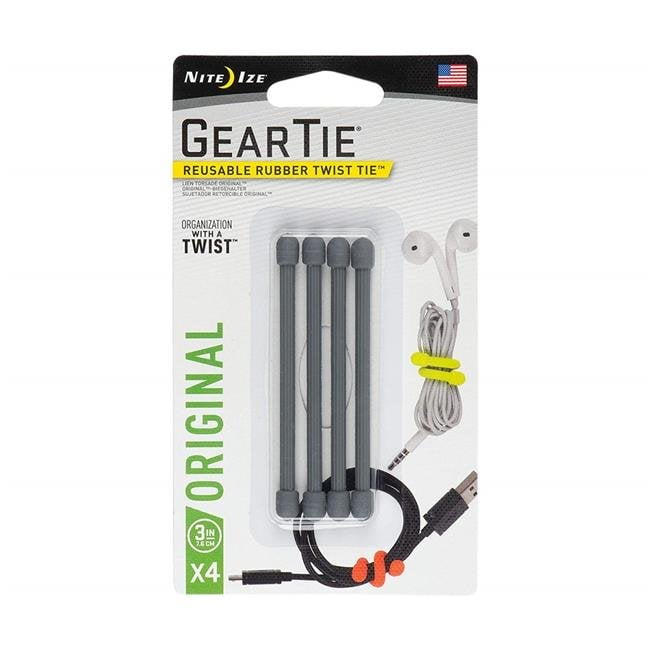 Nite Ize NIT-GT3-4PK-09 2019N Gear Tie Reusable Rubber Twist Tie, Charcoal - 3 in. - Pack of 4