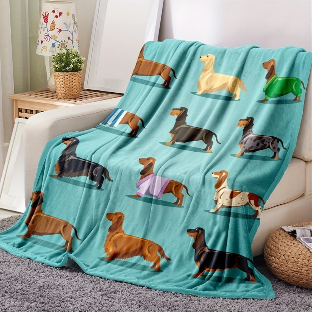 1Pc, Dachshund Blanket Weiner Dog Blanket, Soft Blue Grey Sausage Flannel Blanket Blue Cute Doxie Plush Blanket Dachshund Adult Female