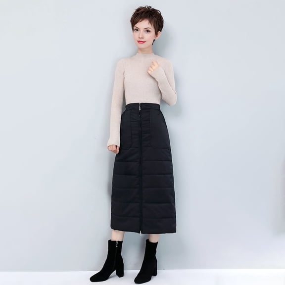 Joernso Women Skirt High Waist Solid Color Zipper Closure Midi Skirt with Side Pockets Thickened Warm A-Line Quilted Texture Skirt