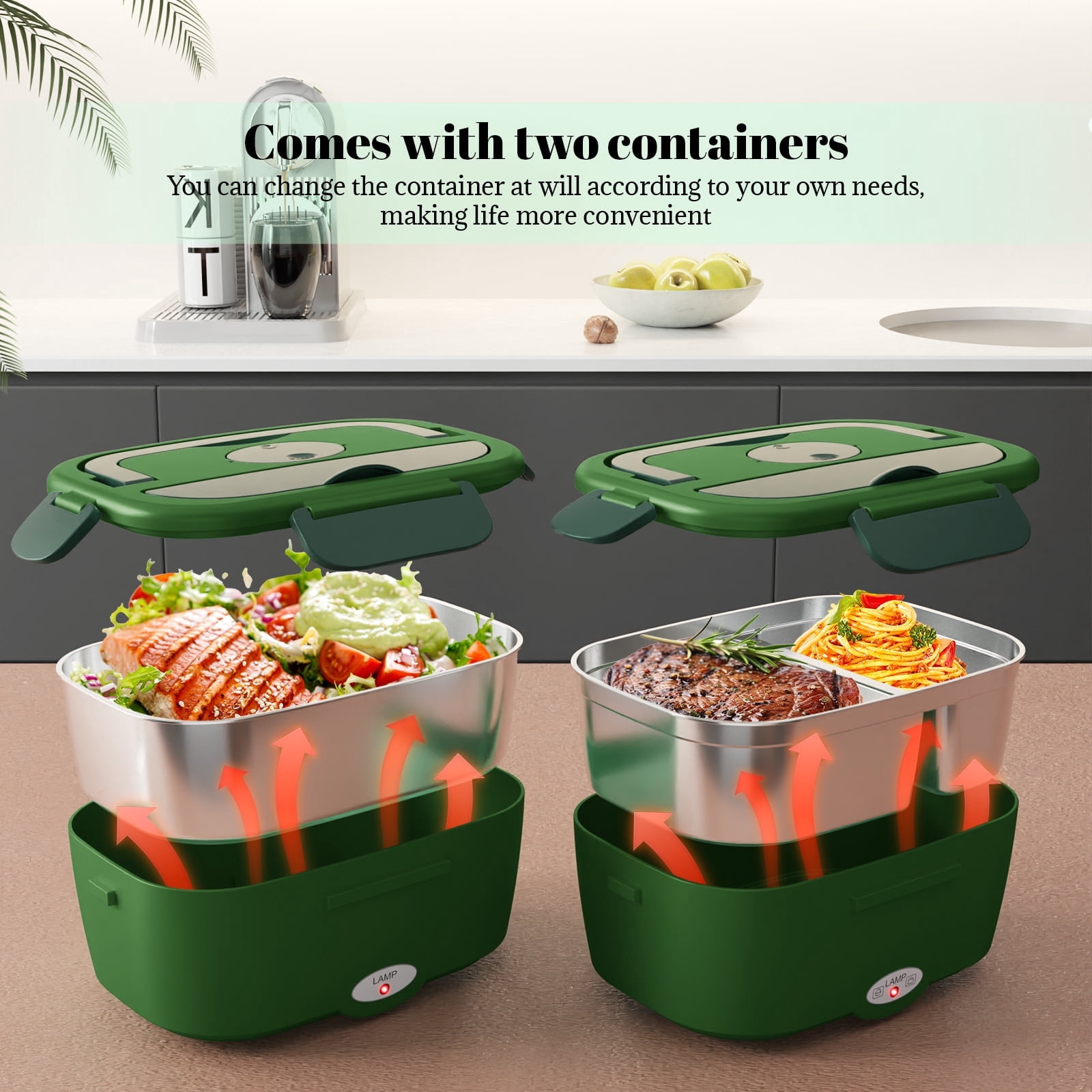 Electric Lunch Box Food Heater for Work, 80 W Food Warmer for Car Truck Travel with 2 Stainless Steel Containers 1.5 Liters Potable Self Heating lunch Box for Adults lonchera eléctrica portátil