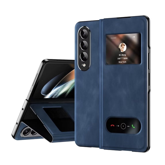 MonsDirect for 7.6 inch Samsung Galaxy Z Fold 3 5G 2021 Case, Nappa Leather with Flip Folding Magnetic Face Cover, Window Design with Hidden Kickstand Full Protective Case for Galaxy 3, Nappa Blue