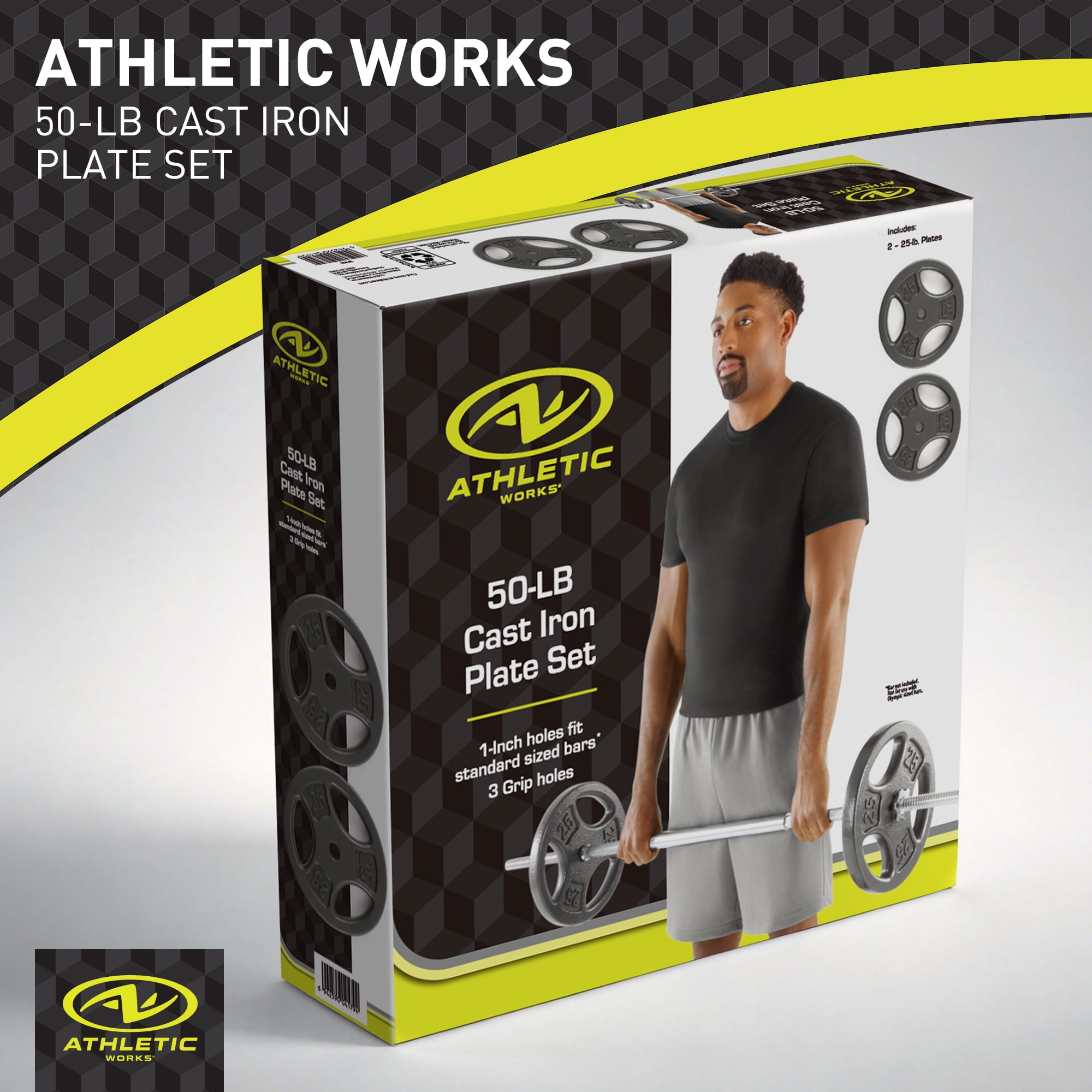 Athletic Works 50LB Cast Iron Standard Weight Plate Set, 2x25LB,1-inch Holes Fit Standard Sized Bar