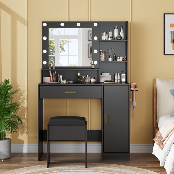 Modern Black Vanity Desk with Mirror and Adjustable LED Lighting - Drawers, Cabinet, Power Outlets, Stool - Compact Bedroom Makeup Dressing Table Set - Black