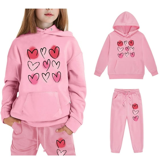 LIUYUNNN Toddler Boys Girls Sweatsuit Set 2pc Long Sleeve Pink Heart Pullover Hoodie and Jogger Pants Warm Fall Winter Clothes Girls Clothing Size 2-3 Years Boys Girls Autumn and Winter Outfits
