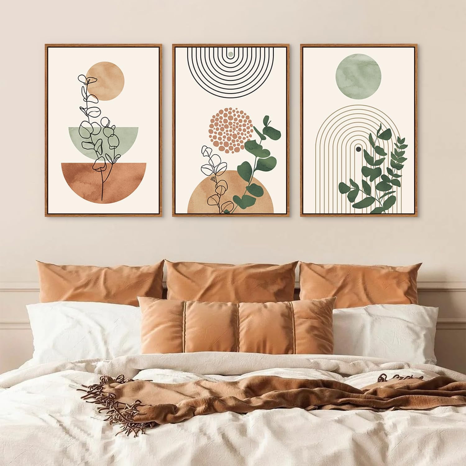 Boho Terracotta Green Framed Canvas Wall Art Set, Abstract Bohemian Wall Decor, Mid Century Modern Geometric Wall Painting, Neutral Botanical Art Print Living Room, Bedroom, Office 16"x24"x3