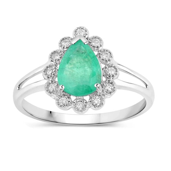 Natural Emerald Diamond Ring 1.22 Ct 10K White Gold May Birthstone Gift for Women