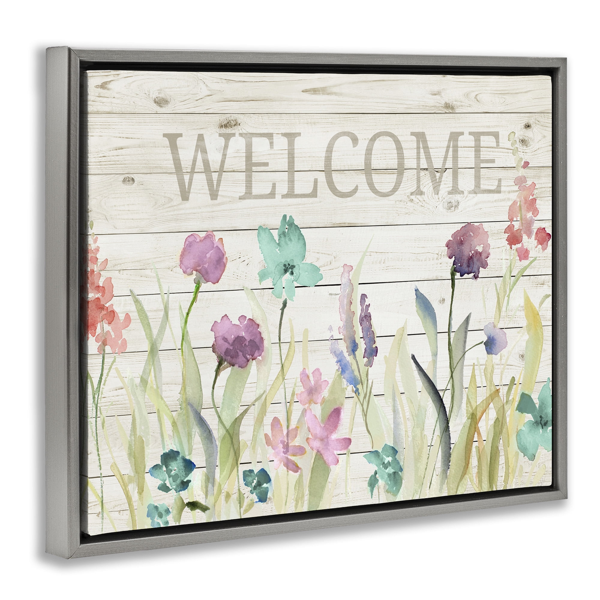 Stupell Industries Welcome Sign Spring Wildflowers Botanical & Floral Painting Gray Floater Framed Canvas Art Print Wall Art, 21 x 17