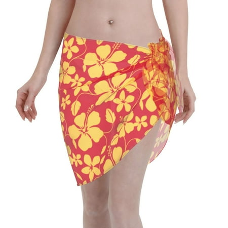Qekee Red Vintage Flowers Women s Short Sarongs Cover Ups Sheer Bikini Wraps for Swimwear