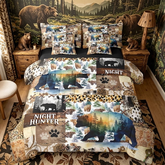 Castle Fairy Watercolor Bear 7-Piece Twin Bedding,Vintage Leopard Print Bedding Comforter Set,Sepia Orange Cream,Black Reversible