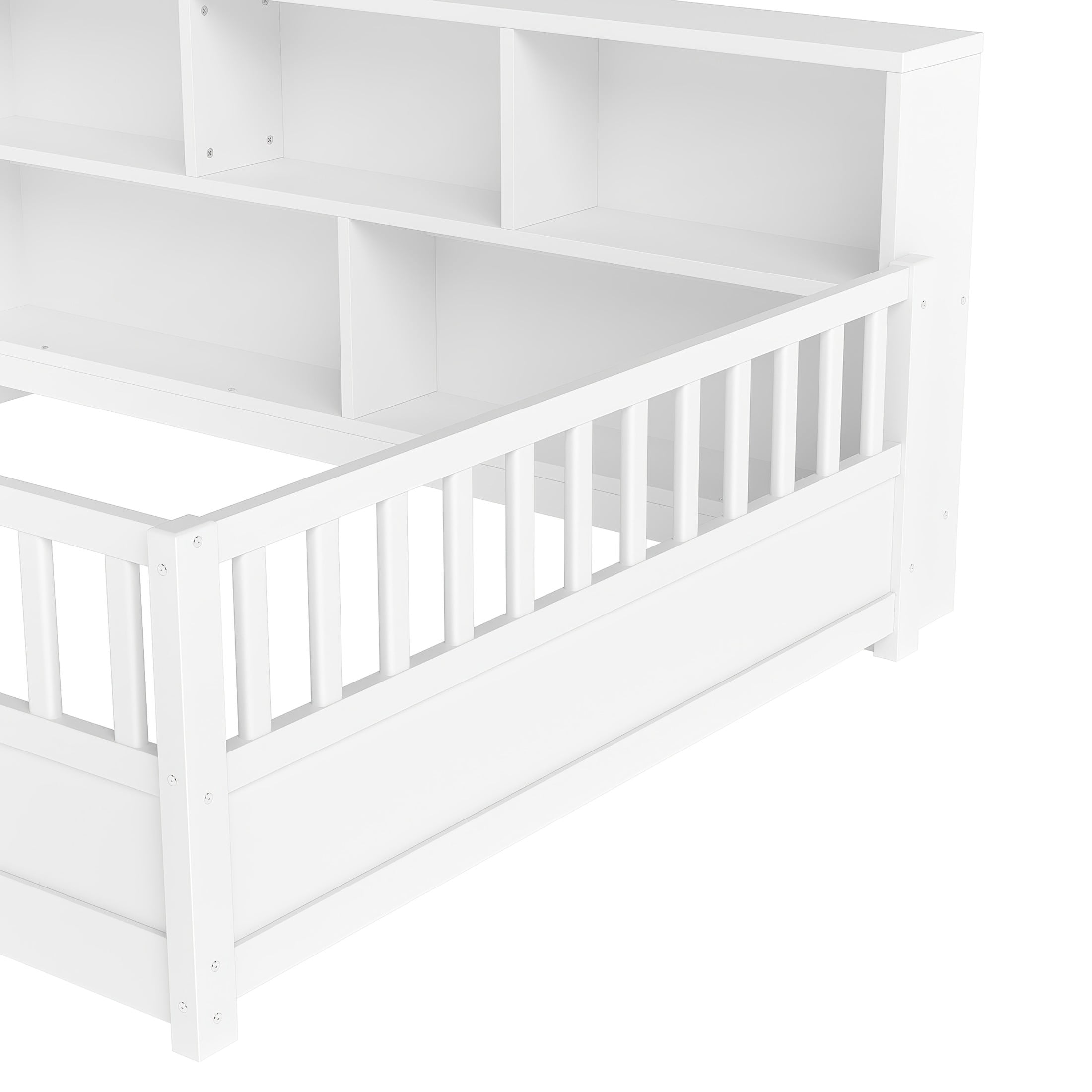 Noble House Full Size Montessori Floor Bed with Fence Guardrails and Side Storage Shelf, White
