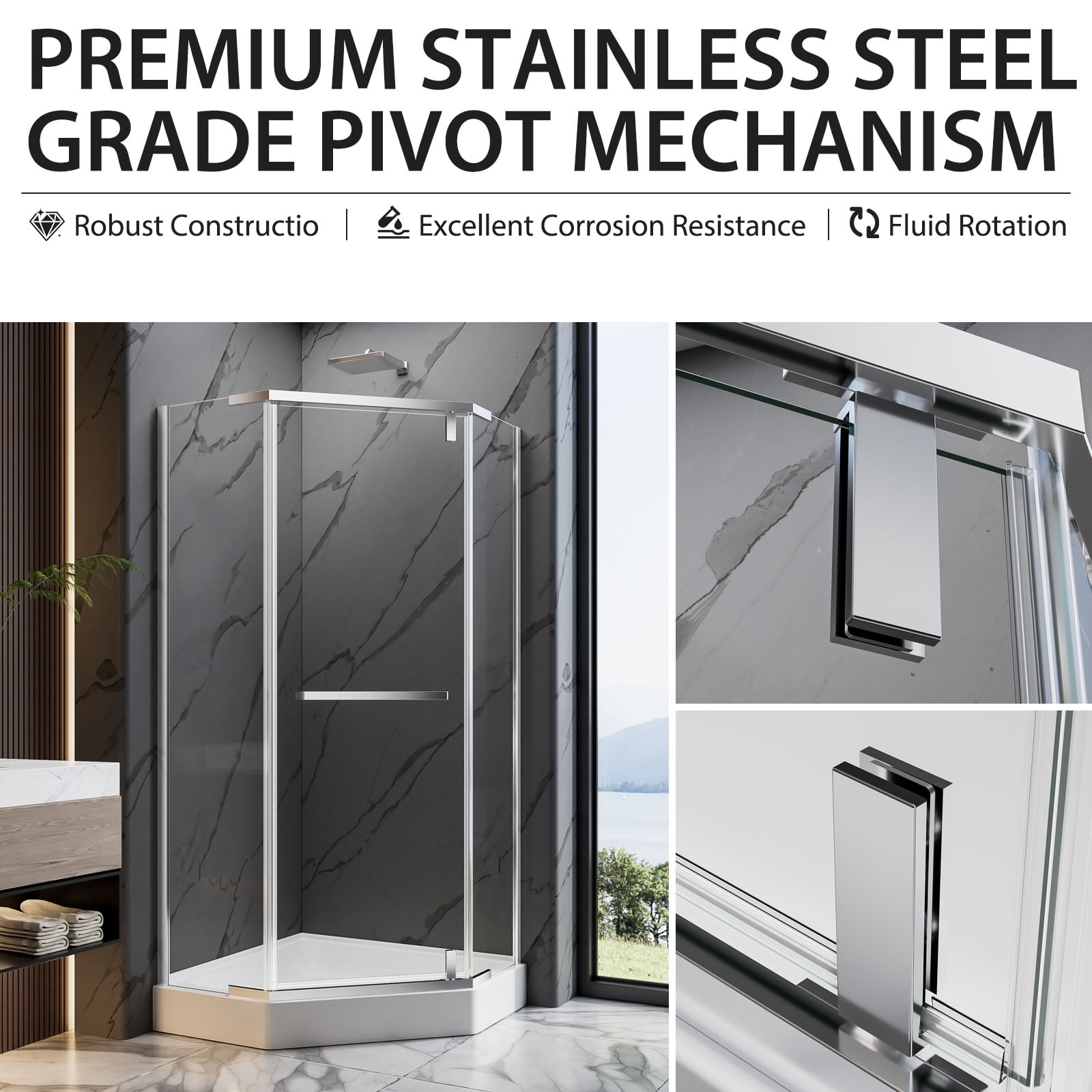 MAYEERTY Neo-Angle Shower Door, Chrome Stainless Steel Frame, 1/4" Tempered Glass with Explosion-Proof Film, Waterproof & Easy Installation