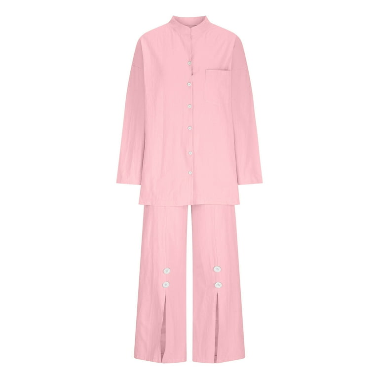 Itsame Womens 2 Piece Cotton Linen Outfits, Loose V Neck