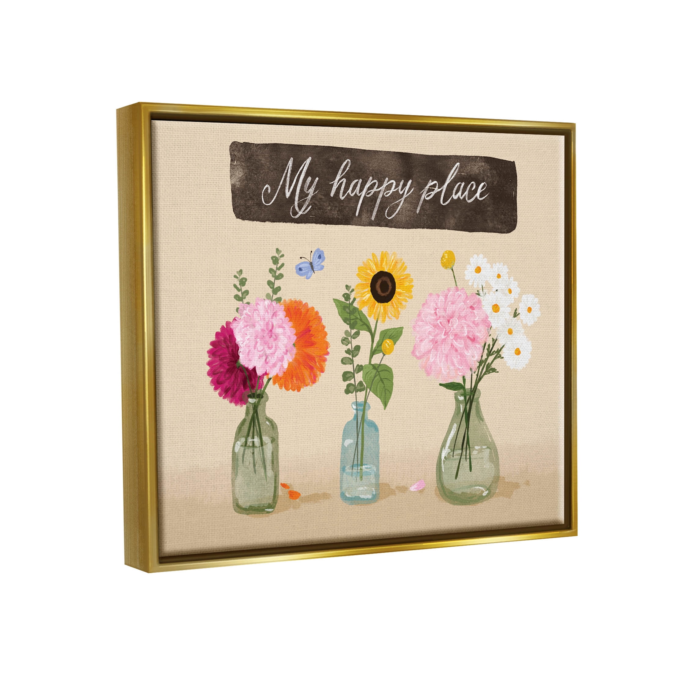 Stupell Industries My Happy Place Bouquets Graphic Art Metallic Gold Floating Framed Canvas Print Wall Art, Design by Be Ni La