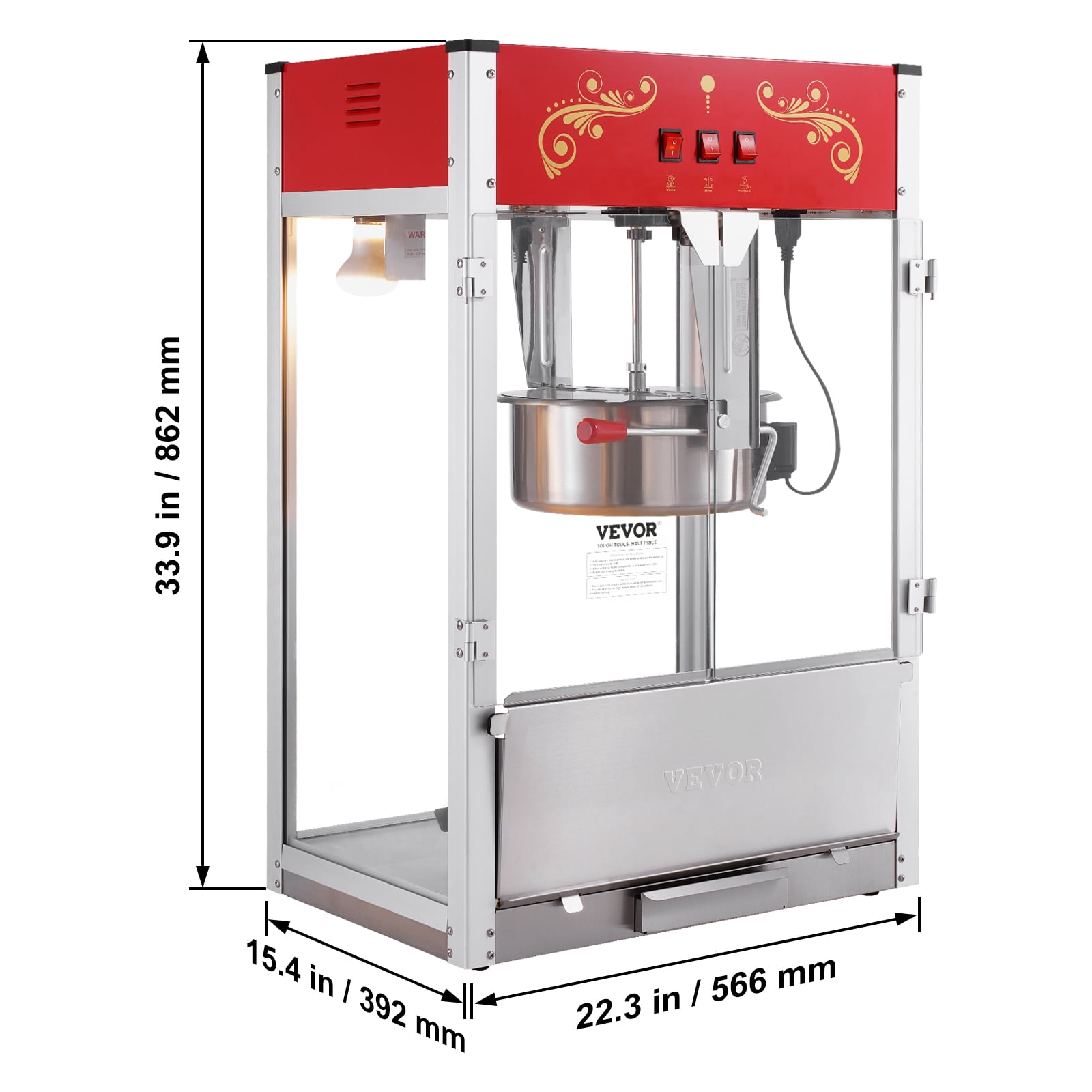 VEVOR Popcorn Maker, 1615W Popcorn Popper Machine, 16 Oz Kettle Large Capacity Countertop Popcorn Maker with Tempered Glass, Includes 3 Stainless Steel Scoops, Movie Theater Style, Red