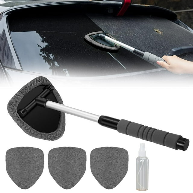Windshield Cleaner Tool, Car Window Cleaning Wash Kit with 4 Reusable Microfiber Pads 1 Spray Bottles And Extendable Handles Auto Glass Wiper Kit