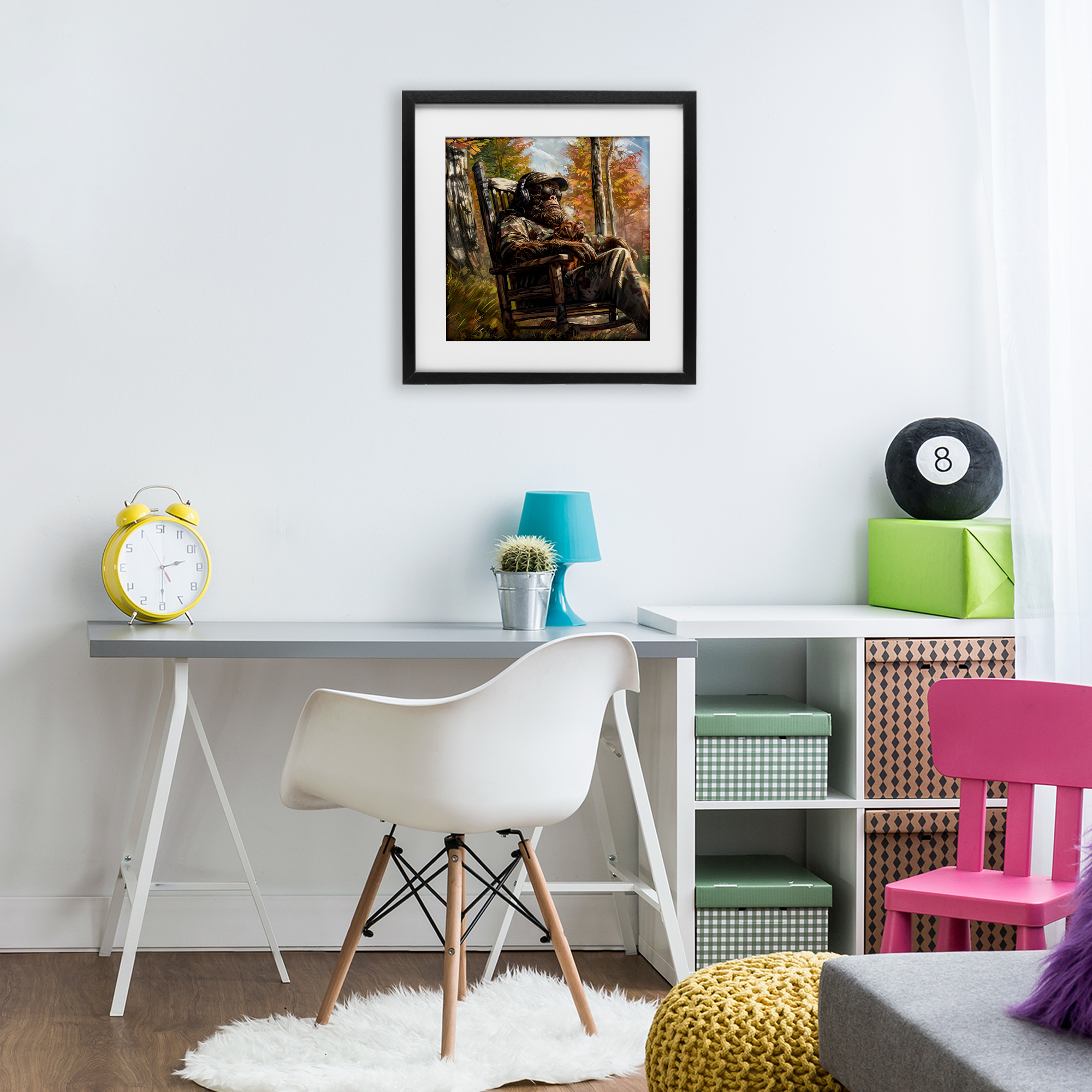 Mythical Creature with Headphones Black Framed Print Under Glass, design by Jim Baldwin