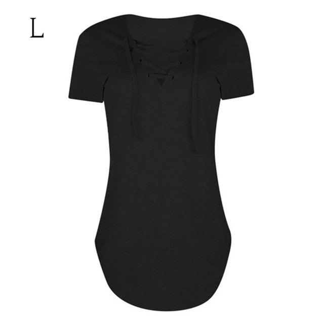 Camiseta de mujer con cuello en V con cordones en la parte superior de manga corta blusa suelta causal, negro, L Inevent AP001631-03