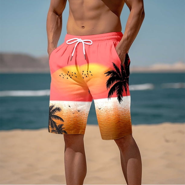 WILLBEST Pantalones Cortos Deportivos para Hombre, Pantalones de Playa para Hombre con Estampado 3D de Cocoteros y Puesta de Sol, Pantalones Cortos Casuales para Playa