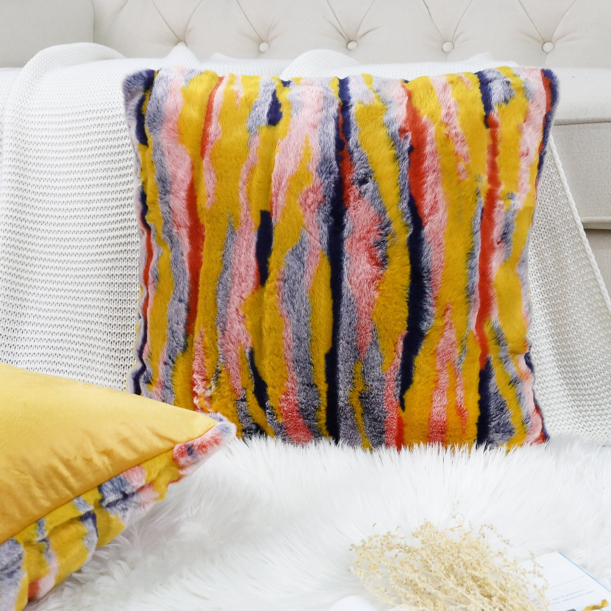 Home Soft Things Multi Jacquard Faux Fur Throw Pillow Cover 2pcs Set - Orange