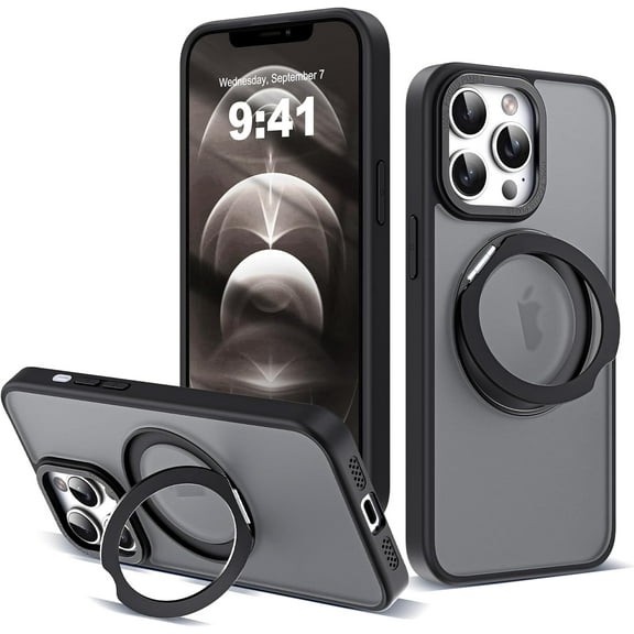 Designed for iPhone 12 Case & iPhone 12 Pro Case with 360° Rotatable & Invisible Magnetic Ring Stand [Compatible with Magsafe] Translucent iPhone 12 & Pro Phone Case 6.1", Black