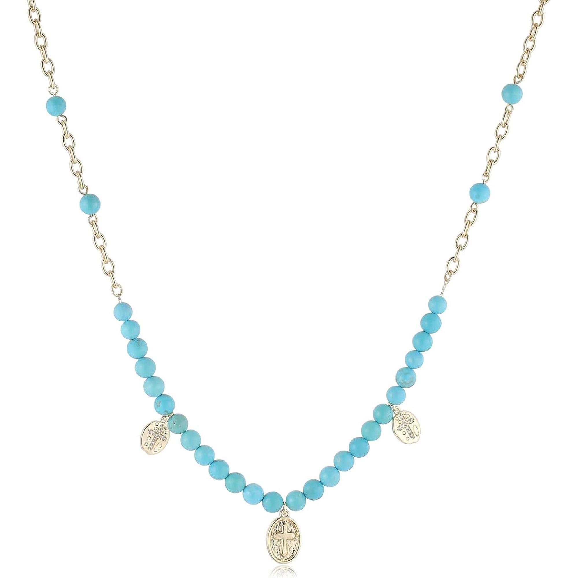 Bohemian Turquoise Beaded Necklace with Cross Coin Pendant, Adjustable Boho Jewelry for Women