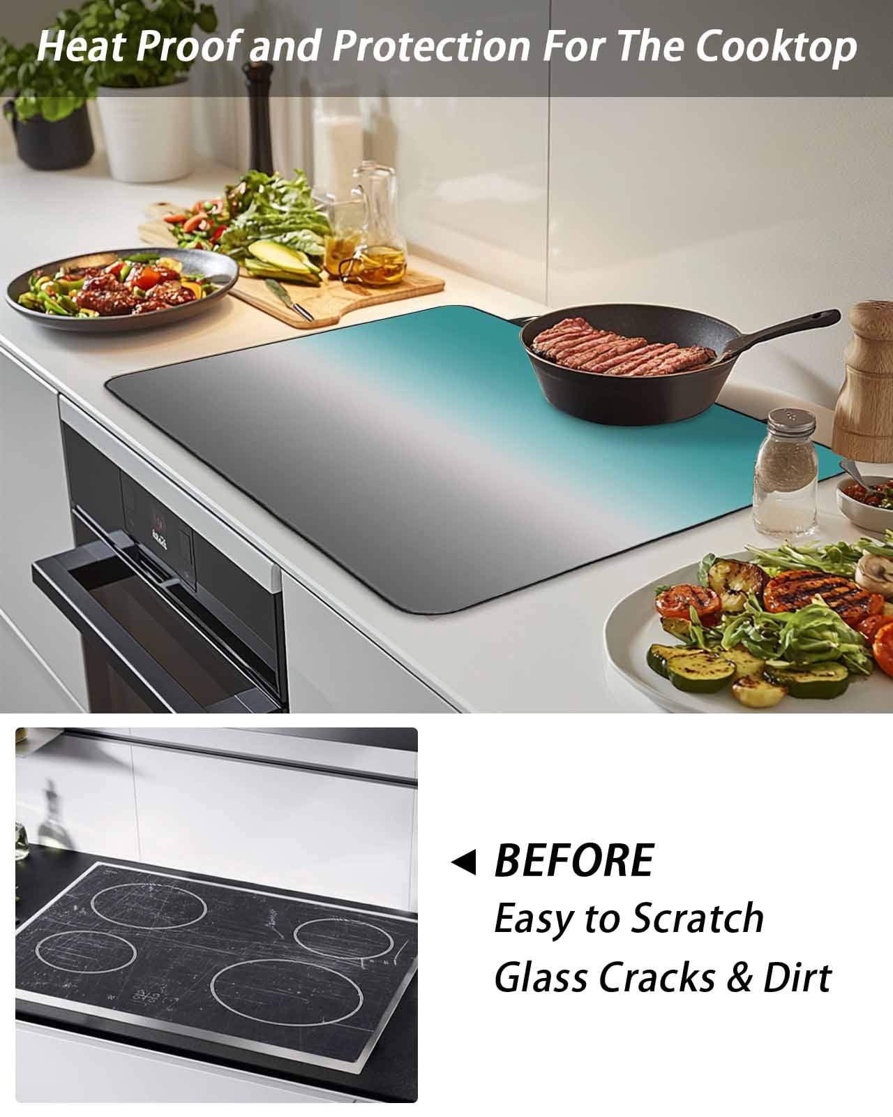 Stove Top Covers for Electric Stove, Teal Grey Ombre Glass Stovetop Cover Protector, Turquoise Gradient Modern Abstract Art Induction Cooktop Protector Oven Mat for Kitchen Countertop 31"x24"