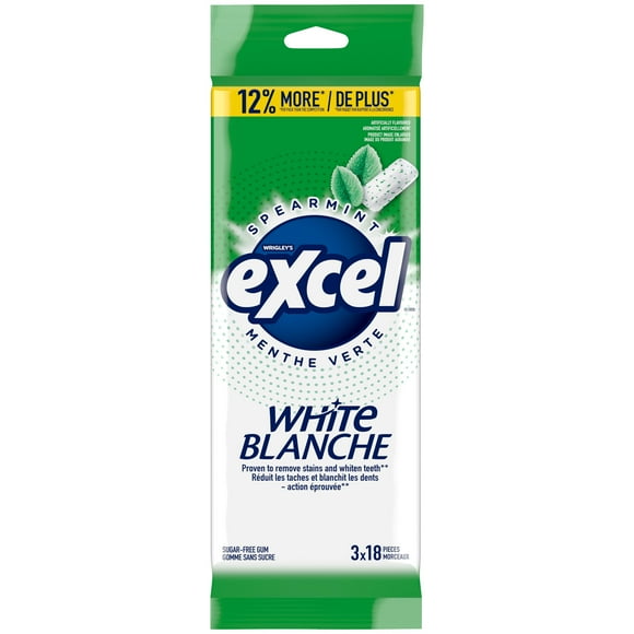 EXCEL White Spearmint, Teeth Whitening Sugar Free Chewing Gum, 18 Pieces, 3Packs, 3 Packs, 18Pellets