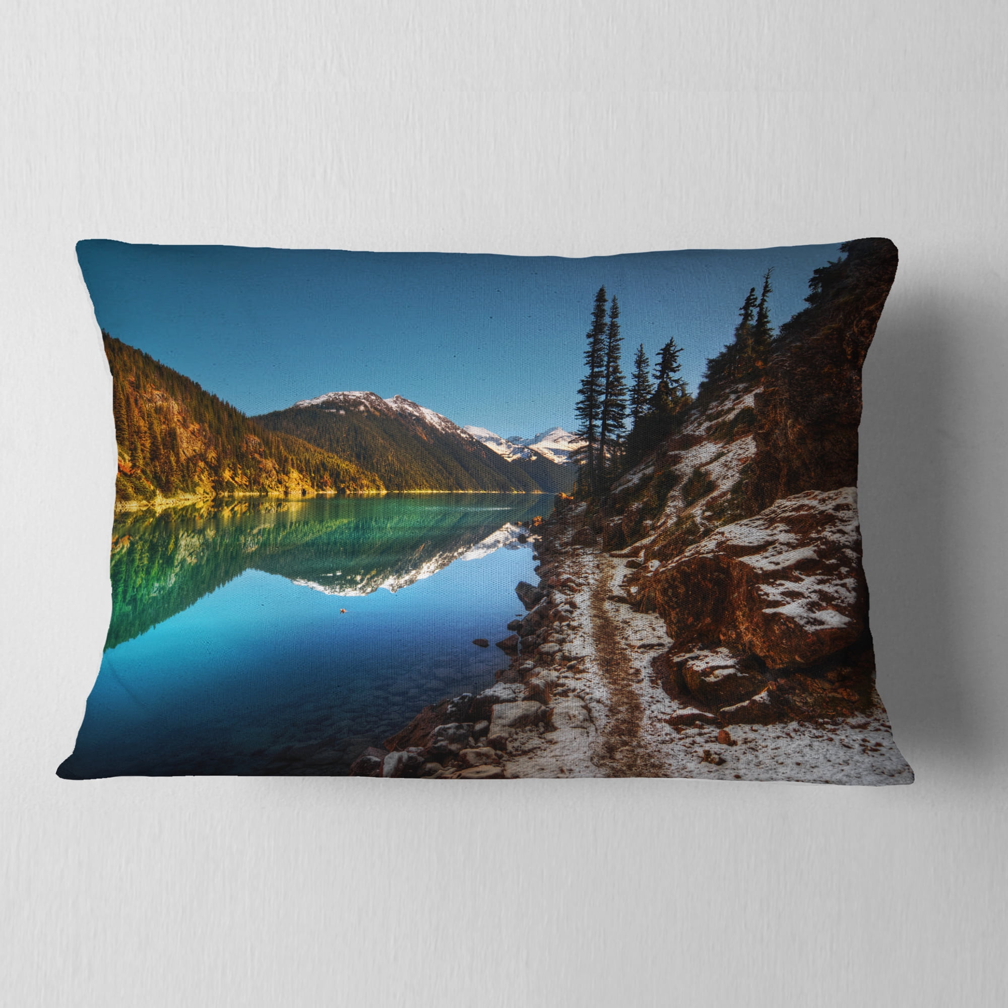 Designart Blue Clear Lake with Mountains - Landscape Printed Throw Pillow - 12x20