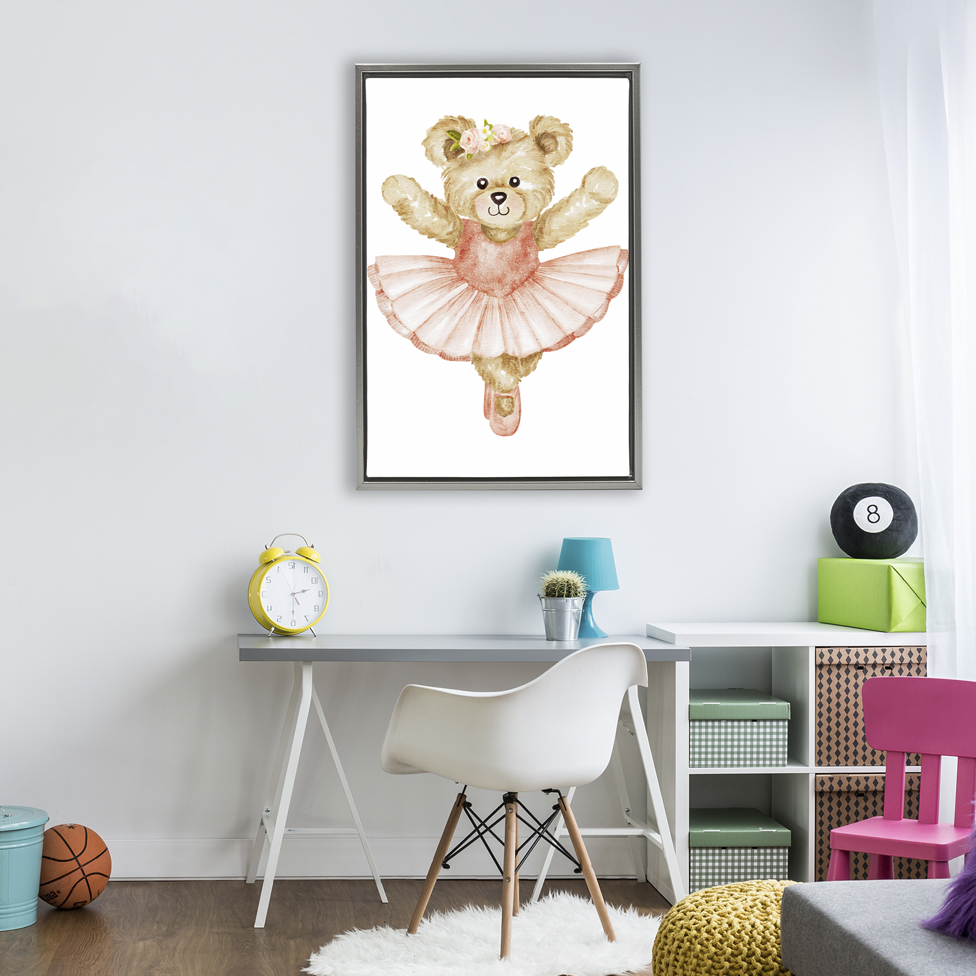 Teddy Bear Ballet Tutu Gray Framed Floater Canvas Wall Art, design by Amy Hall