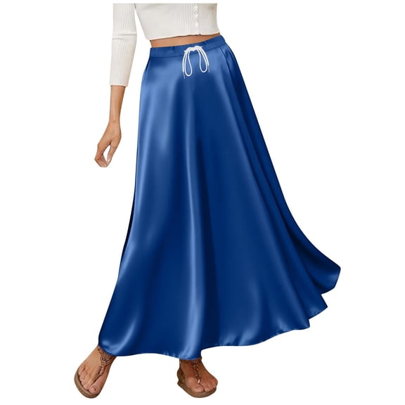 LWavelet Women Satin Flared Midi Skirt Elastic Drawstring Waist Elegant Evening Wedding Guest Skirt Royal Blue M