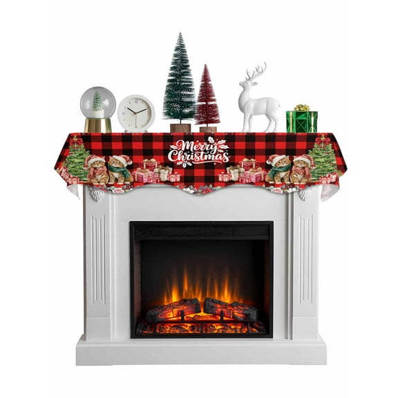 Christmas Cats Mantel Scarf Fireplace Decorations for Living Room, XmasTree Winter Gifts Floral Red Black Plaid Fireplace Mantel Scarf Cover Runner for Halloween/Thanksgiving/Christmas Decor 70"x17"