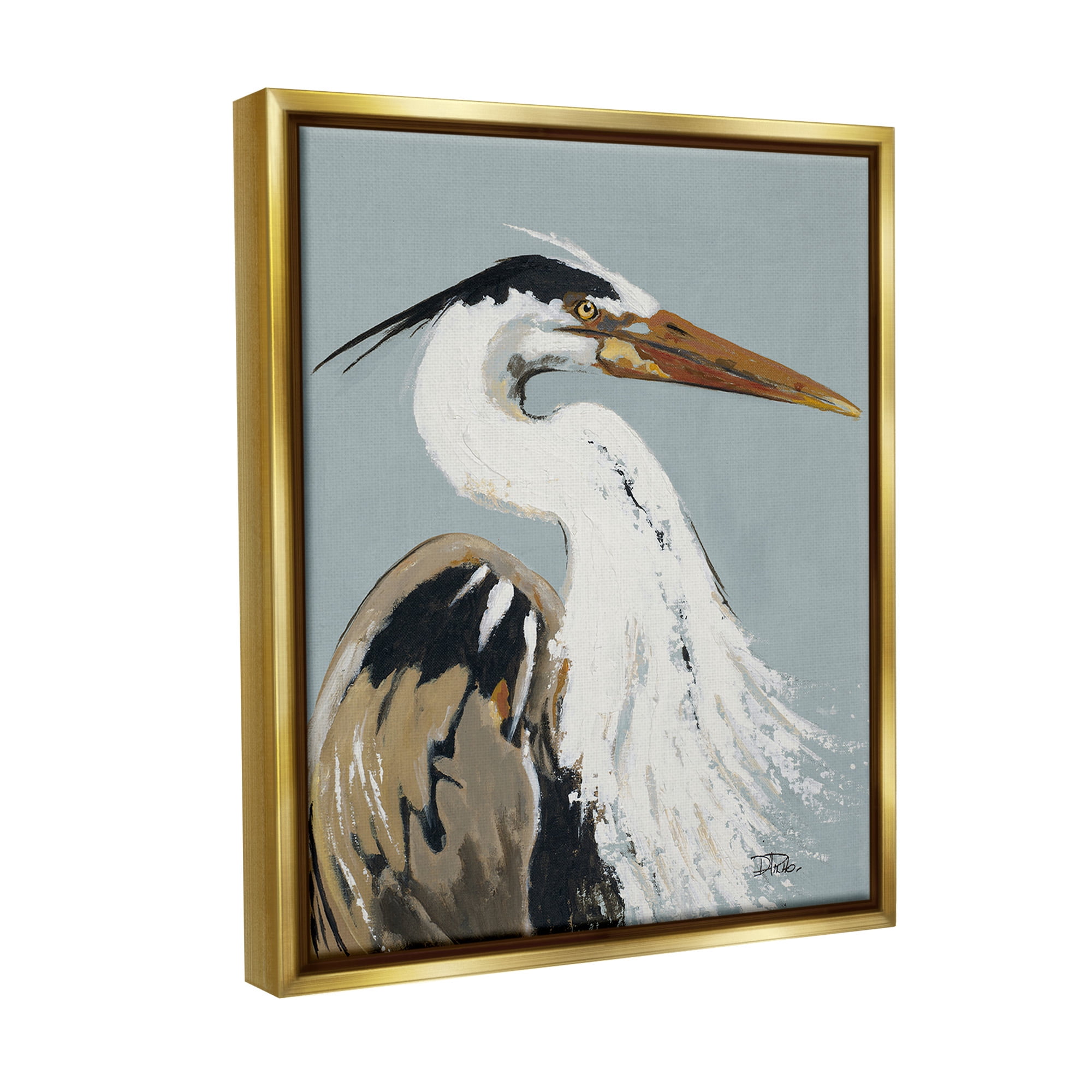 Stupell Industries Heron Looking Right Animals & Insects Painting Gold Floater Framed Canvas Art Print Wall Art, 25 x 31