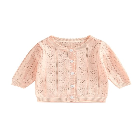 Infant Baby Girl Sweet Cardigan Solid Color Neck Long Sleeve Knitted Coat Spring Summer Button-Down Sunscreen Outerwear