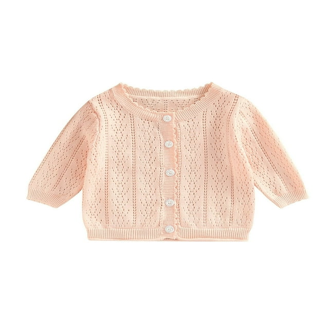 Infant Baby Girl Sweet Cardigan Solid Color Neck Long Sleeve Knitted Coat Spring Summer Button-Down Sunscreen Outerwear