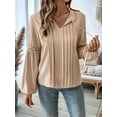 thumbnail image 2 of Womens Tops Casual Pleated V Neck Puff Long Sleeve T Shirts Loose Tunic Business Blouse Khaki M, 2 of 8