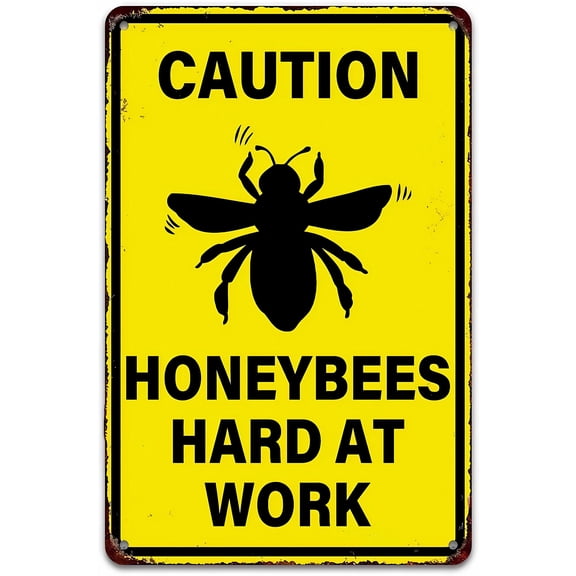 Caution Honeybees Hard At Work 8"x12" Bee Warning Sign, Funny Bee Decor Tin Poster, No Trespassing Sign, Home Outdoor Garden Yard Farmhouse Decor