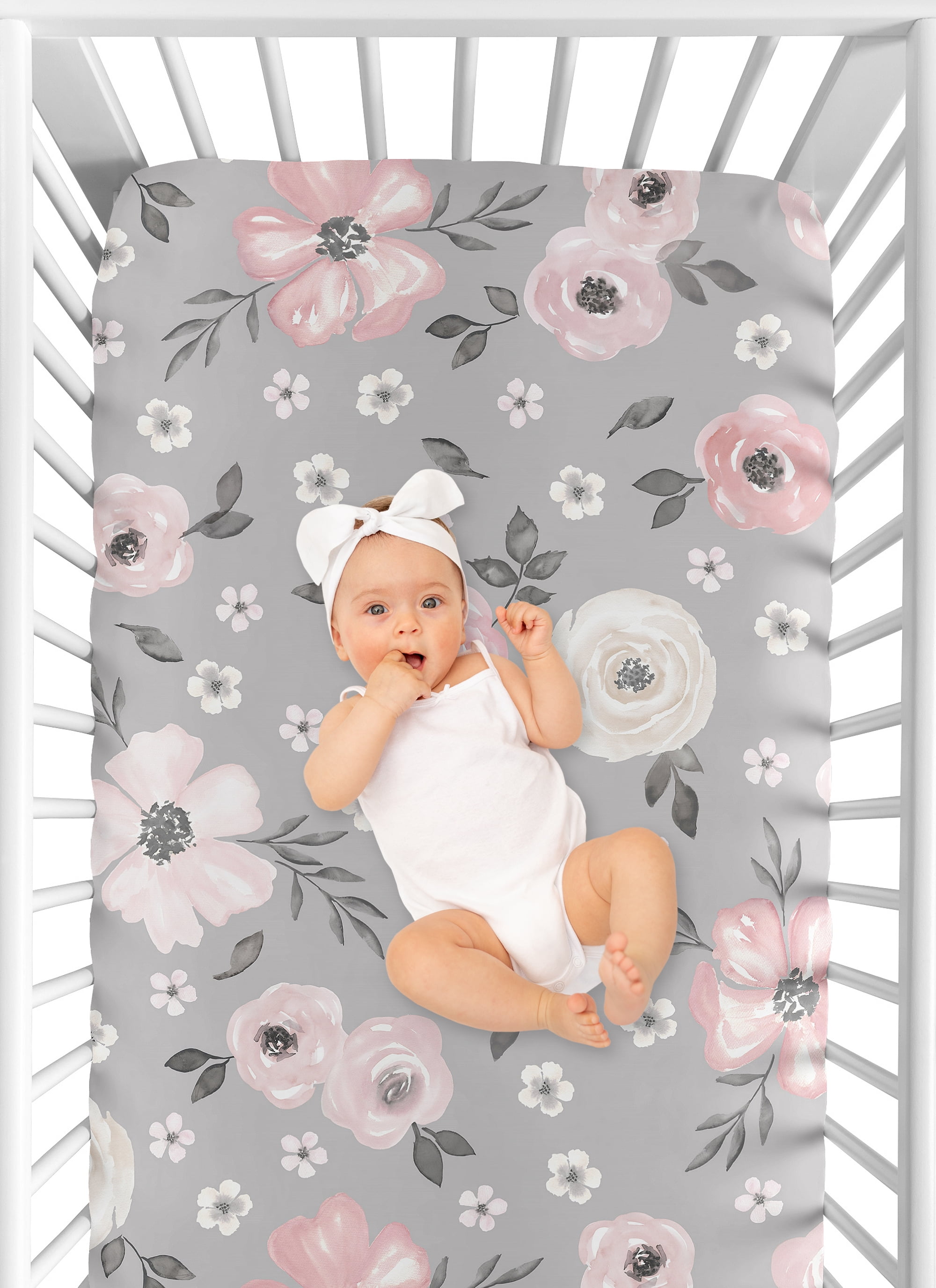 Sweet Jojo Designs Watercolor Floral Grey and Pink Fitted Crib Sheet